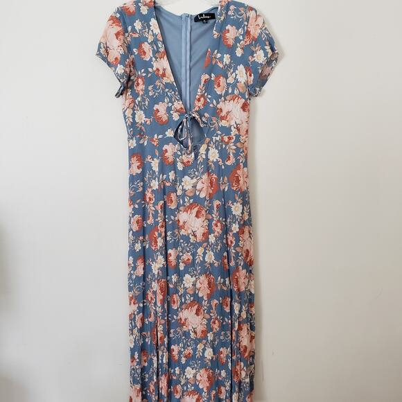 Lulus Short Sleeve Floral Rayon Midi Dress with Keyhole & Double Slits Medium - Picture 1 of 9